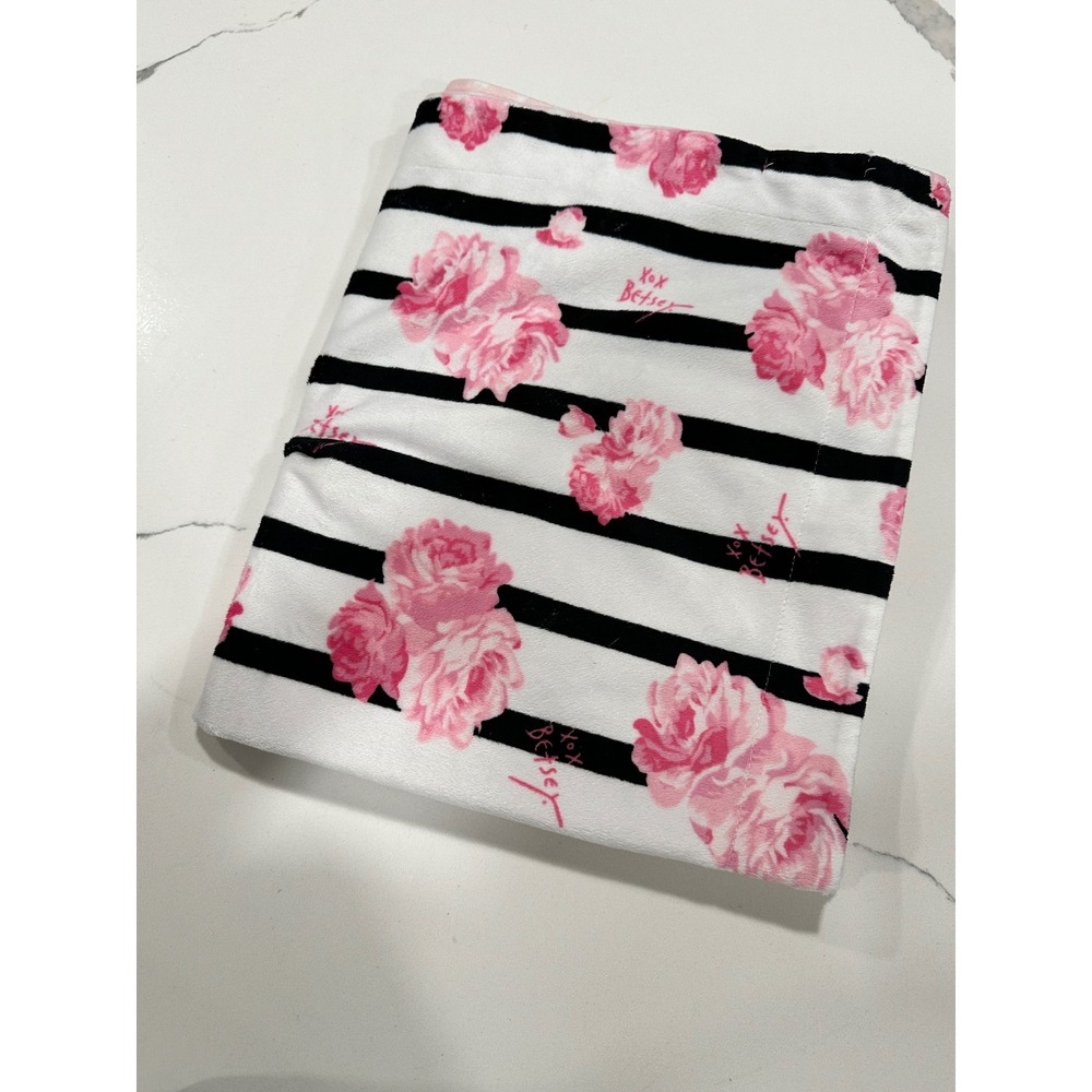 Betsey Johnson Baby Black Stripe Pink Floral Plush Throw Blanket Soft Decor